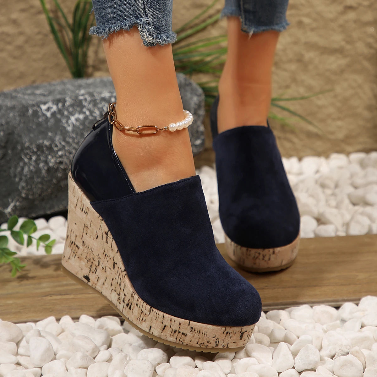 Women Spring Autumn Faux Suede Zipper Platform Wedges Sneakers