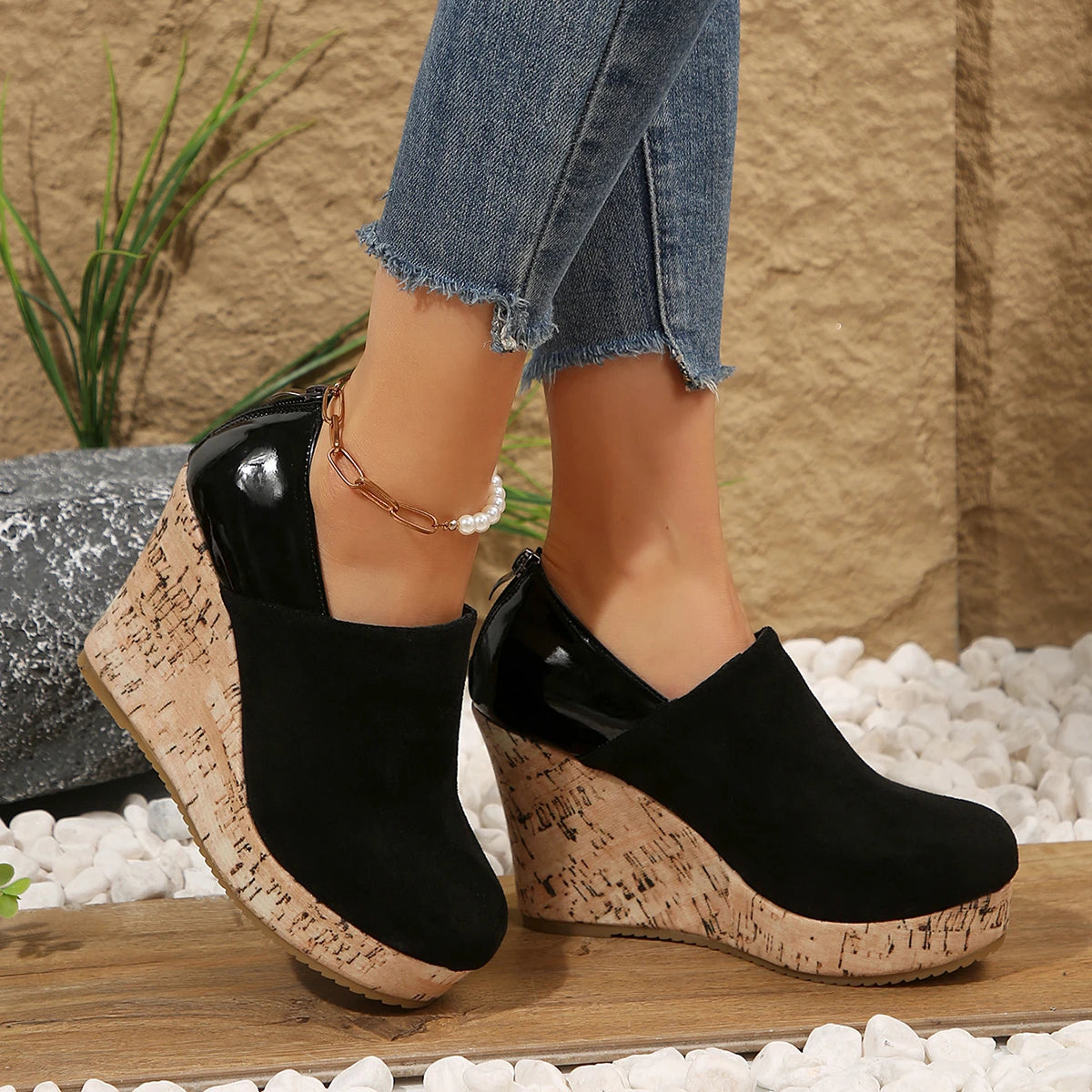 Women Spring Autumn Faux Suede Zipper Platform Wedges Sneakers