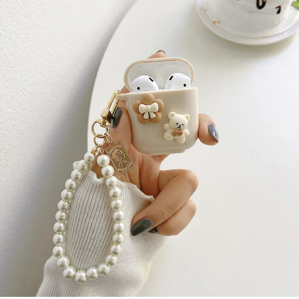 New Retro Beige Cute Case For AirPods Pro Earphone Charging Box Keychain Lanyard