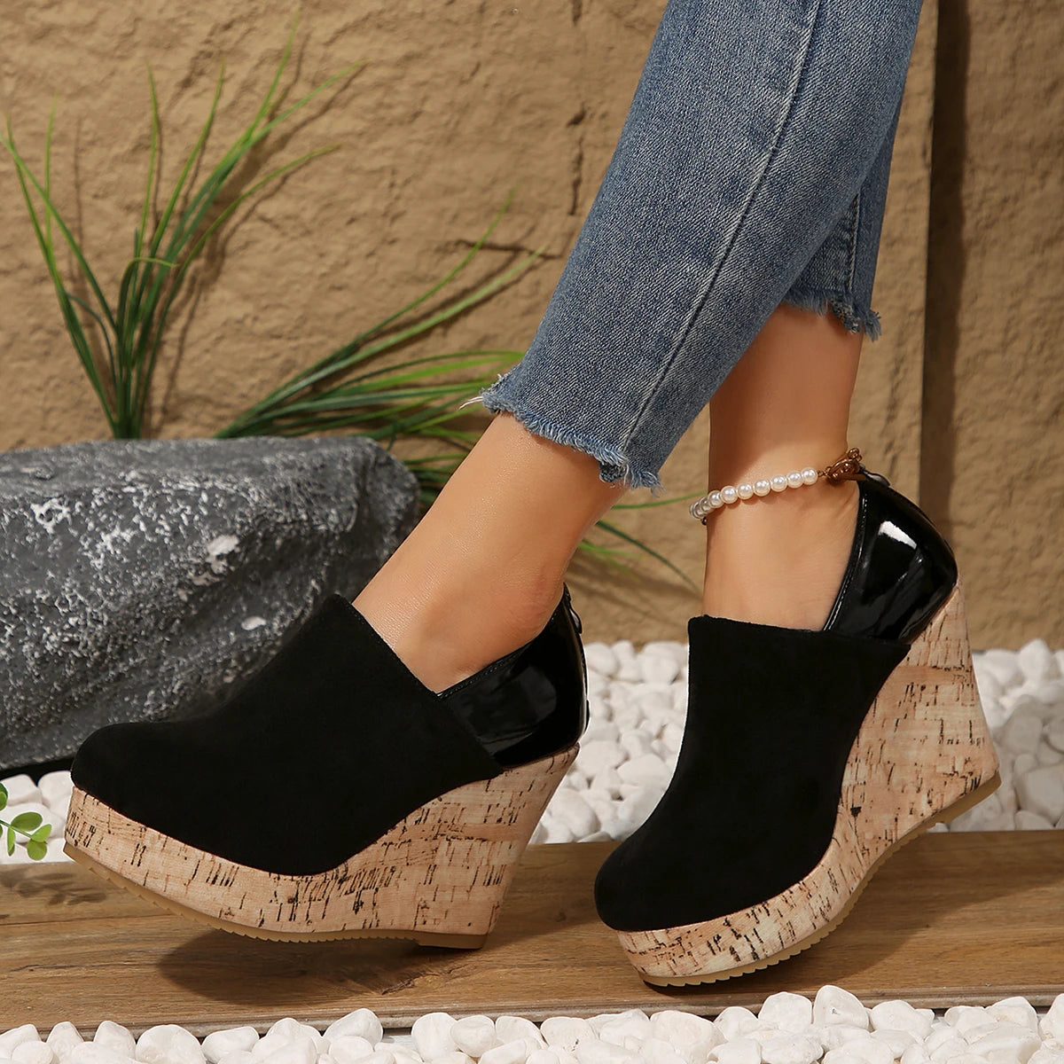 Women Spring Autumn Faux Suede Zipper Platform Wedges Sneakers