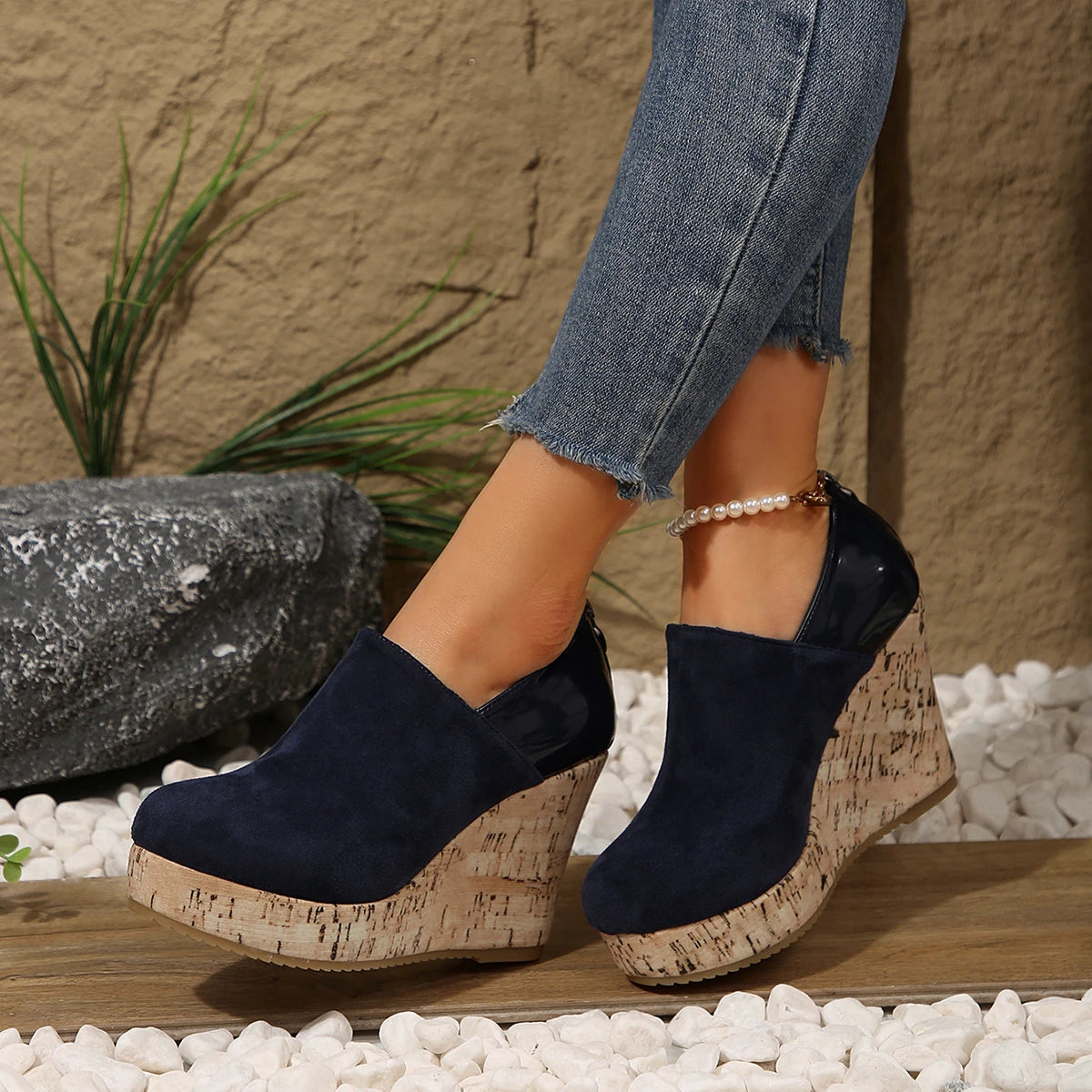 Women Spring Autumn Faux Suede Zipper Platform Wedges Sneakers