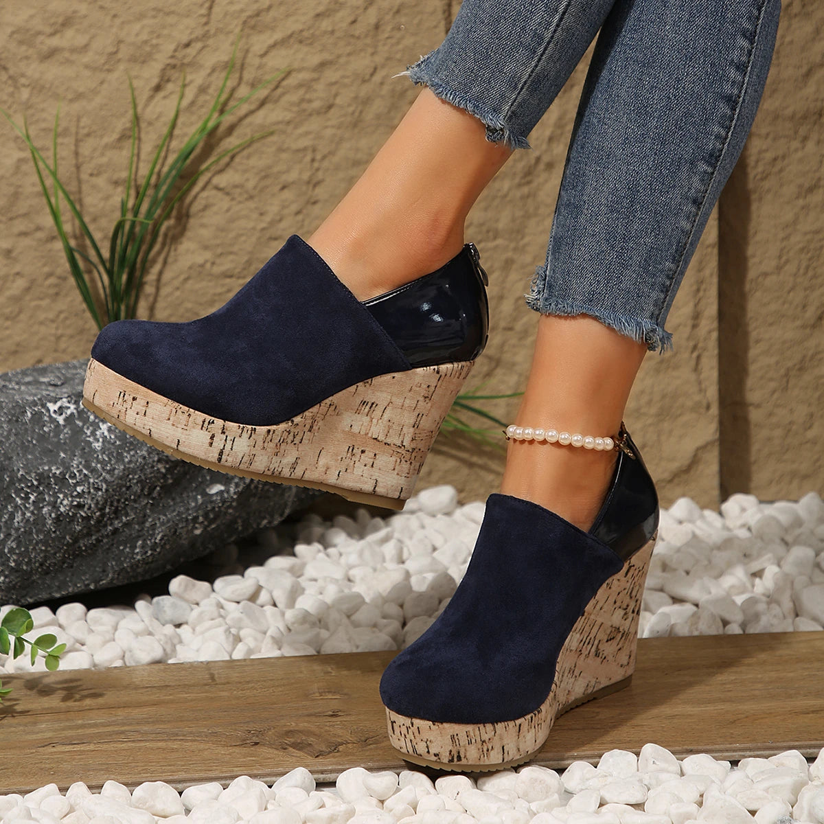 Women Spring Autumn Faux Suede Zipper Platform Wedges Sneakers