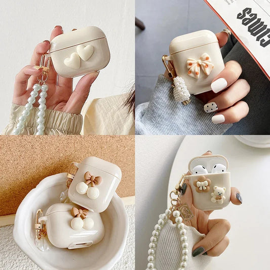New Retro Beige Cute Case For AirPods Pro Earphone Charging Box Keychain Lanyard